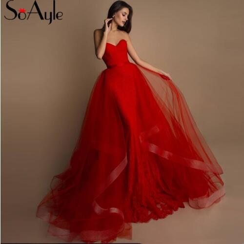 SoAyle Red Detachable Trailing Evening Dress Sweetheart Lace Tulle Long Dress Sweet 16 Prom Dress Arabic Dubai Party Dresses