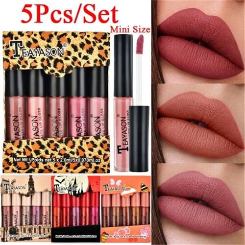 5Pcs/Set Waterproof Womens Fashion Liquid Lipstick Set Lipgloss Red Natural Moisturizer Nude Makeup Matte Velvet Lip Glosses