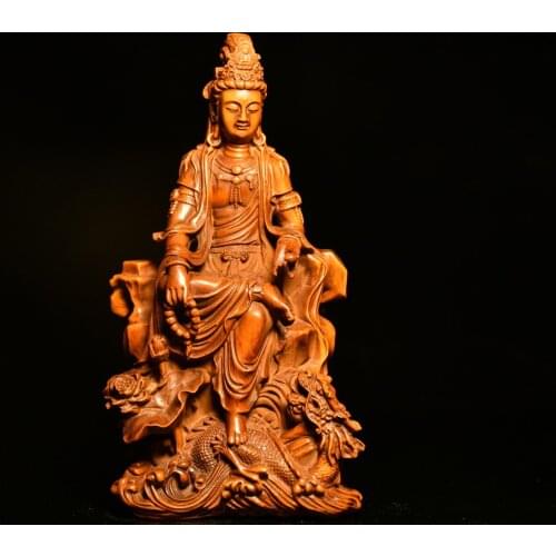 6"China Lucky Old Boxwood Hand-carved Free Avalokitesvara Guanyin Bodhisattva Statue Pen holder Office Ornaments Town House