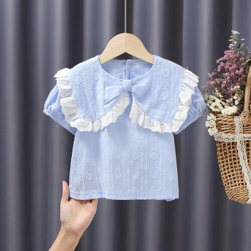 Childrens Clothing Toddler Baby Girls T-shirt For Summer Short Sleeve Lace Peter Pan Collar Kids T-shirts Tee Tops 1-6 Years
