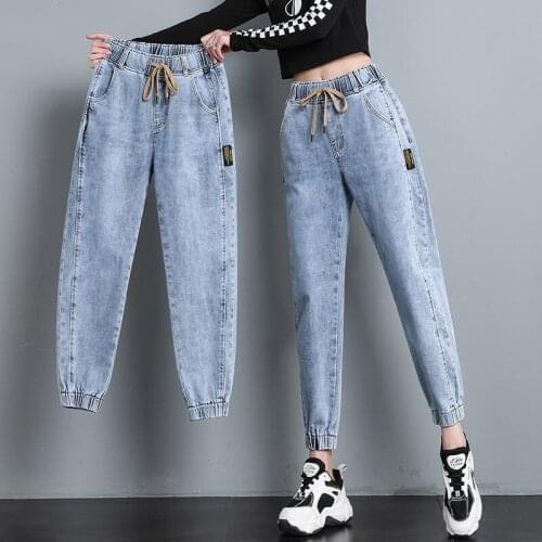 Jeans Womens Spring Autumn 2021 New Korean Loose Thin Elastic Waist Nine-Point Harem Pant Female High-Waist Lace-Up Pants Traf