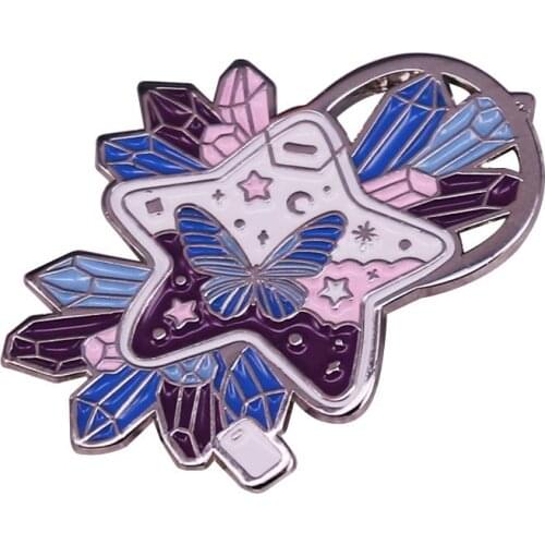 Beautiful Crystal Cluster Gemstone And Butterfly Enamel Pin