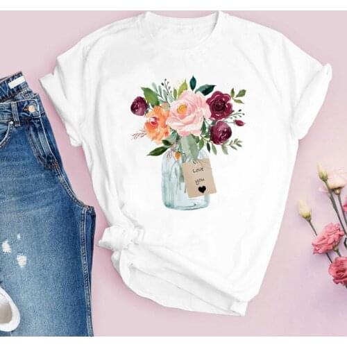 2021 Summer Womens T-shirt Floral Aesthetic Graphic T-shirt Harajuku Fashion T-shirt O-neck White Women Oversized Short Sleeve