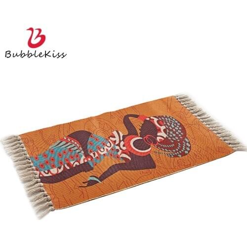 Bubble Kiss Cotton Linen Carpet Ethnic Woman Pattern Rug Retro Style Tassel Floor Mat Hand Woven Carpet Fashion Tapestry Decor