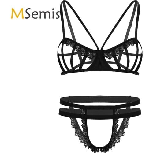 Mens Strappy Lingerie Set Erotic Sex Costume Shoulder Straps Hollow Out Balconet Bra Top with Harness Briefs Sexy Underwear Set