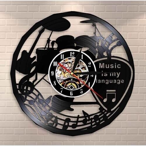 Music Theater Decoration Guitar Drums Vintage Vinyl Record Wall Clock Music Is My Language Music Inspirational Quote Wall Clock