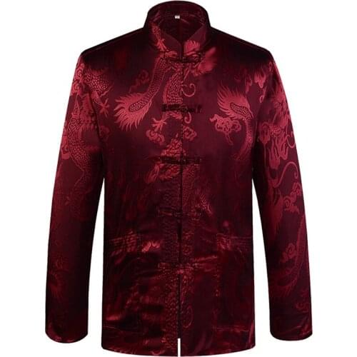 New Red Chinese Traditional Mens Mandarin Collar Full Dragon Tang Suit Clothing Long Sleeve Kung Fu Shirt Man Plus Size Coat