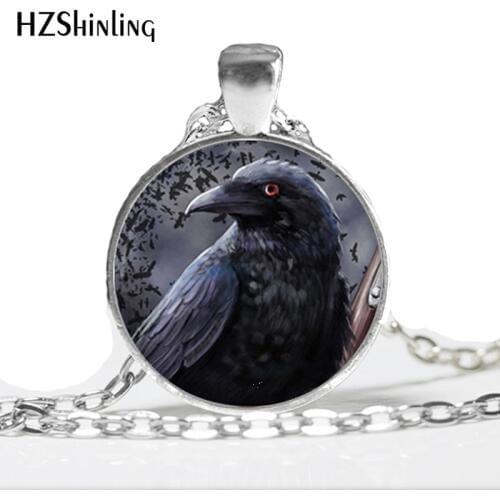 HZ--A200 New Fashion Glass Photo Pendant Neckalce Black Bird Necklace Black Bird Raven Pendant Glass Dome Pendant For Jewelry