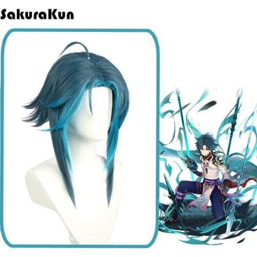 Xiao Wig for Cosplay Anime Game Genshin Impact Wig Blue Gradient Curly Wig Halloween Costume Wig