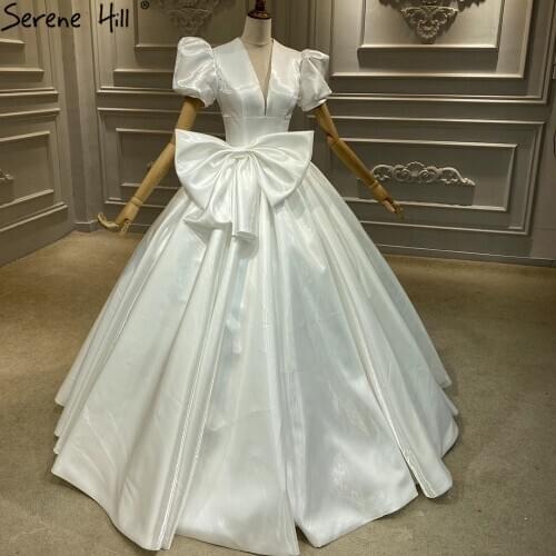 Serene Hill Ivory Bow Simple Wedding Dresses 2020 High-end Short Puff Sleeves Bridal Gowns HA2481 Custom Made