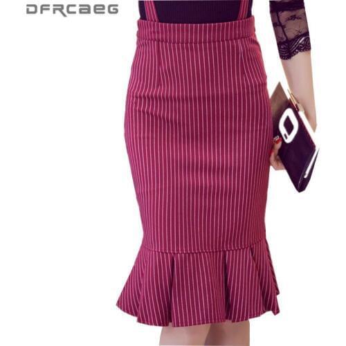 S-5XL Plus Size Saia Longa 2019 Autumn Fashion Striped Suspender Skirt Women High Waist Ruffle Ladies Fishtail Long Skirts