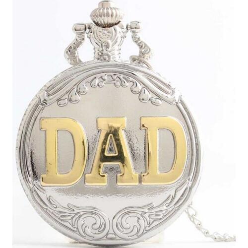 Silver Antique Dad Pattern Quartz Pocket Watch with Necklace Pendant Fob Watch Fathers Day Gifts Set with