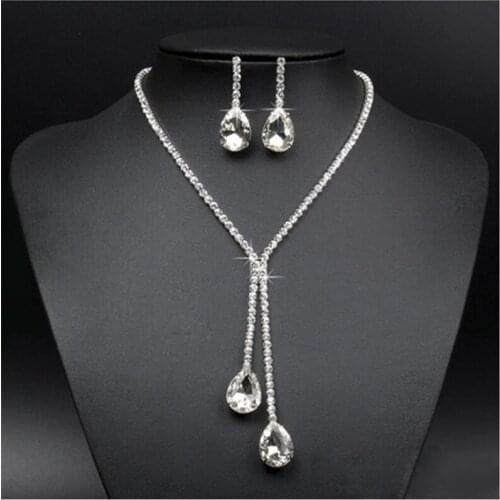 Water Drop Tears Rhinestone Long Necklace Earrings Set Wedding Bridal Bridesmaid Formal Party Prom Jewelry Set for Women Gift
