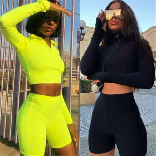 Women Solid Simple Style Tracksuits Tops&Pants Sexy Casual Long sleeve Crop tops+Shorts Slim Stretch Elastic Fitness Clothes