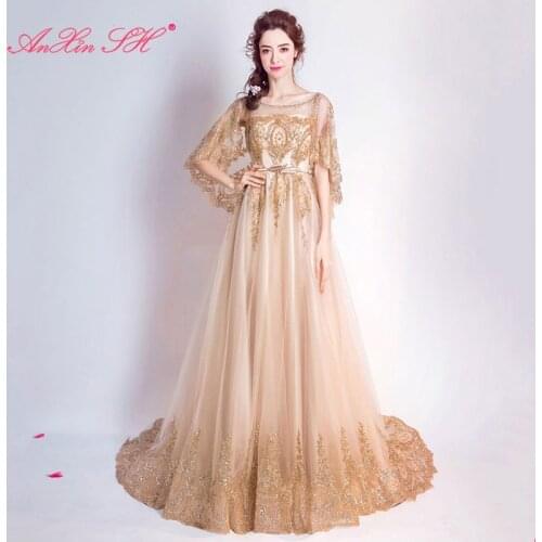 AnXin SH golden lace flower evening dress princess vintage dubai beading crystal Gold powder diamond long evening dress 5919