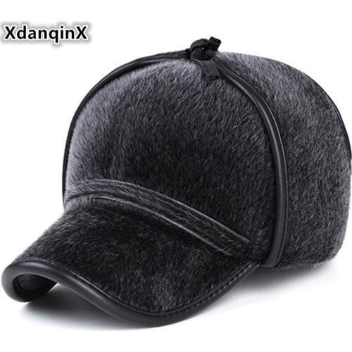 XdanqinX Winter Hats For Men Imitation Mink Warm Baseball Caps With Ears Hooded Thicker Sea Lions Hair Windproof Cap Dads Hat