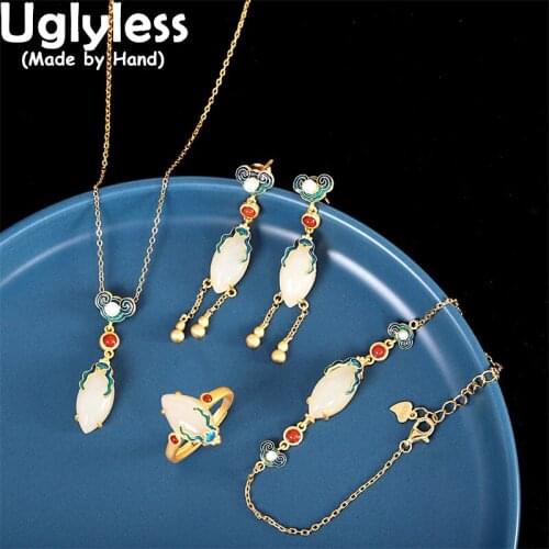 Uglyless Ethnic Fashion Jade Jewelry Sets for Women Natural Agate Pearl Necklaces Bracelets Earrings Ring Gold 925 Silver Bijoux