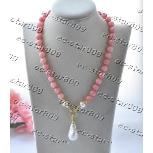 Z11322 19" 25mm Pink Round Jade Chalcedony Necklace White Keshi Pearl Pendant CZ