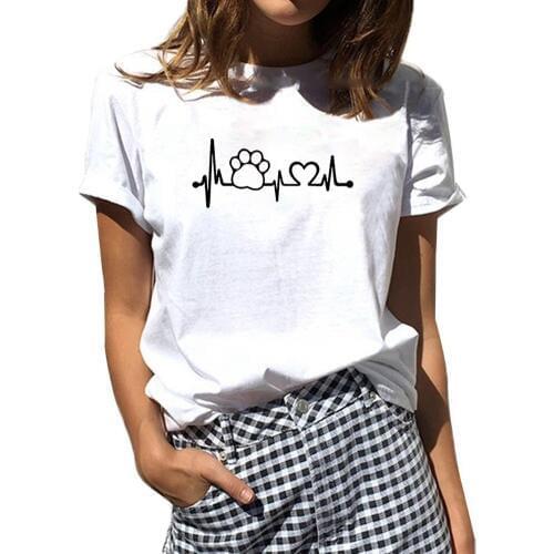 Heartbeat Cat Tshirt Women Cotton Graphic Tee Women Short Sleeve T Shirt Women White Tee Shirt Femme Top