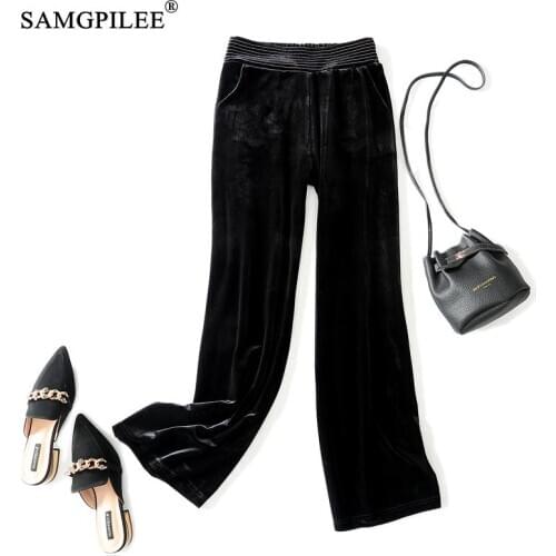 Women Pant 2020 New Winter Samgpilee Full Length Casual Corduroy Elastic Waist Solid High Pleated Wide Leg Pants For Women 3XL