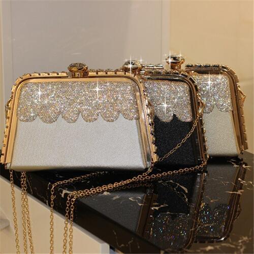 Women Crystal Handbags Luxury Clutch Genuine Leather Evening Bag Gold Wedding Bride Chain Purse Ladies Crossbody Shoulder Bags