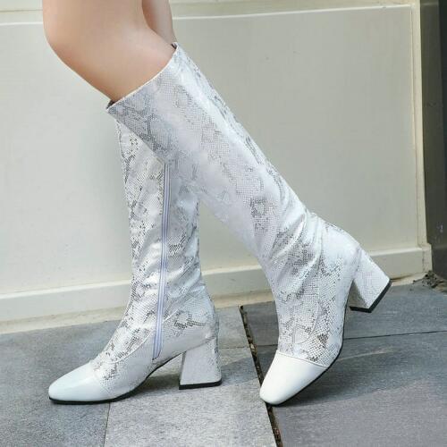 Woman Thick High Heels Knee High Boots Ladies Elegant Snake Print PU Leather Side Zipper Winter Boots Women Shoes Plus Size 43