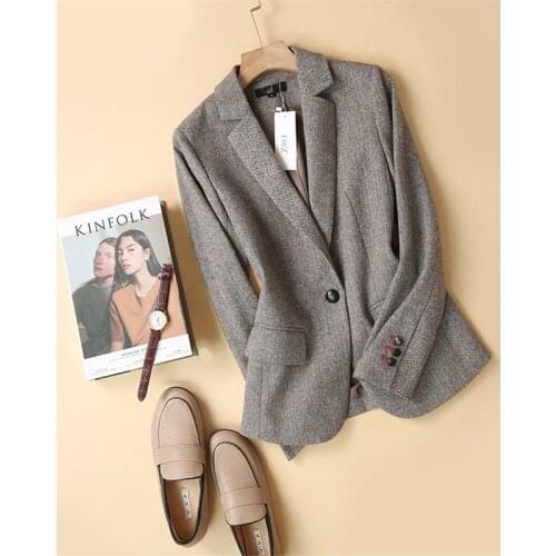 Women Wool Blazer 85%Wool 15%Poly Herringbone Office Lady Blazer Single Button Two Pocket Jacket Spring Autumn Wool Coat Female