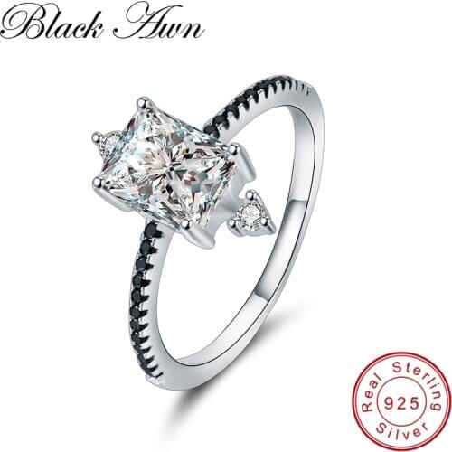 [BLACK AWN] 925 Sterling Silver Black Stone Lantern Engagement Rings for Women Fine Jewelry Bague C312