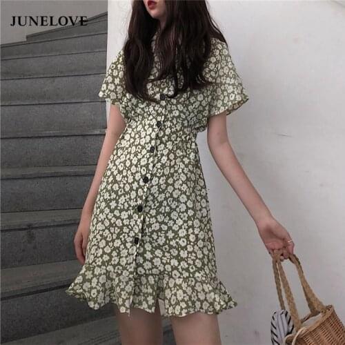 JuneLove Women Summer Botton Dress Boho Print Beach Dress Sexy V-neck Wrap Vintage Mini Dress Elegant Ruffles Holiday Vestidos