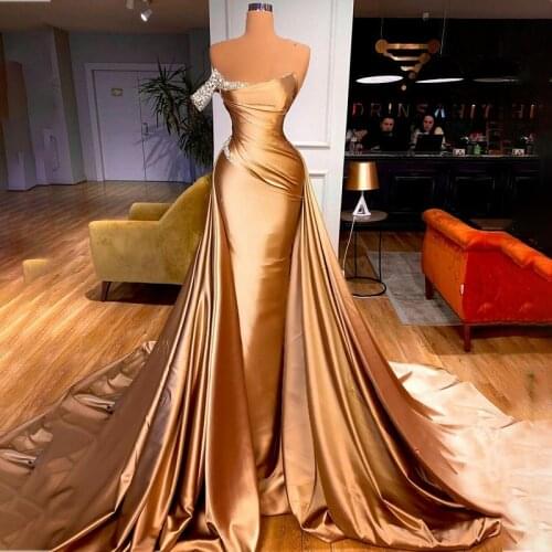One Shoulder Gold Mermaid Evening Dresses with Detachable Train Crystal Women Prom Gowns Party Wear Formal Robe De Soirée