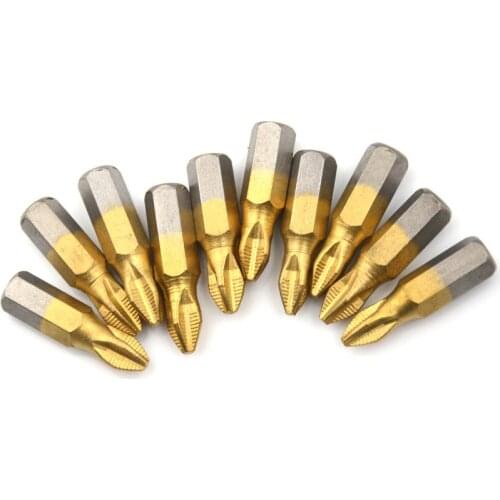 10Pcs/set 25mm Chrome-vanadium Steel 1/4" Titanium Coated Anti Slip Hex Shank 25mm PH2 Screwdriver Bit Accessories