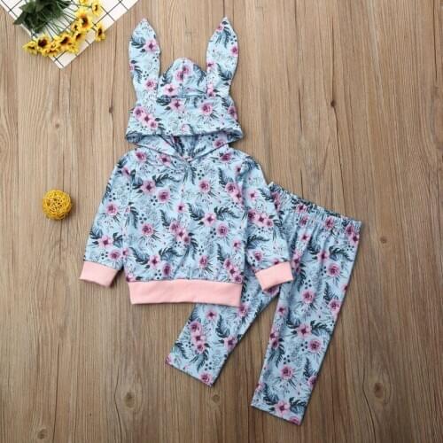 2PCS Newborn Baby Girls Flower Print Ear Hooded Sweatshirt Pants Clothes Set Tracksuit Outfits Clothing Suits
