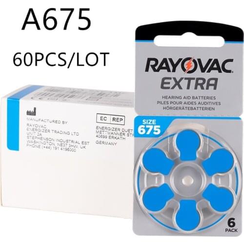 60 PCS Rayovac Extra Zinc Air Hearing Aid Batteries 675A 675 A675 PR44 Hearing Aid Battery A675 for Hearing Aids