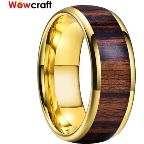 8mm Tungsten Wedding Gold Rings for Men Women Engagement Ring Dome Bands Polished Shiny Koa Wood Inlay Comfort Fit