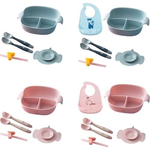 Baby Divided Plate Bowl Suction Cup Dishes Spoon Fork Bibs Straw Tableware Set