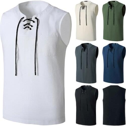T-shirt V Neck Soft Cotton Flax Men Sleeveless Bandage Top for Yoga