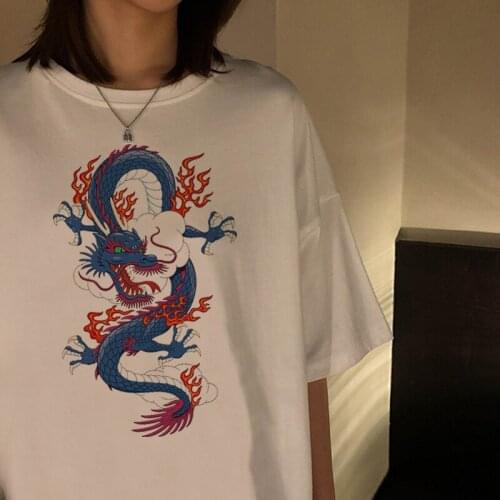 Womens T-shirt streetwear tops ulzzang Harajuku vintage Chinese dragon print T-shirt summer new Oversize loose casual women