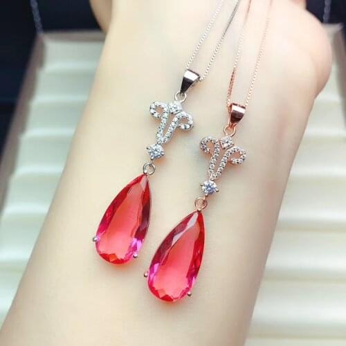 Exquisite big size red crystal necklace for women jewelry real 925 silver water drop gem party gift