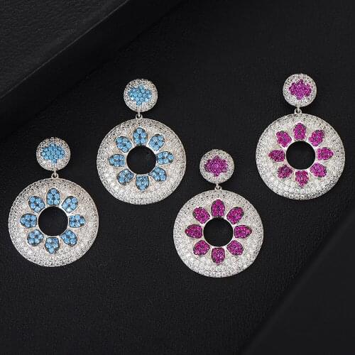 Jimbora Luxury Round Flower Dangle Earring for Women Full Mirco CZ Paved Cubic Zircon Bridal Wedding Daily Earrings Jewelry