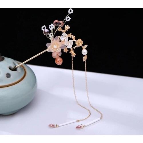 Chinese Wedding Bride Crystal Hairpin Antique Flower Pearl Hairpin Handmade Chopsticks Long Hair Wedding Hair Accessories