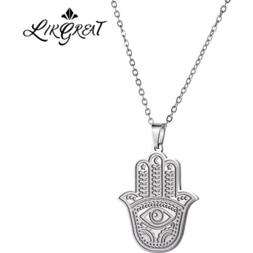 LIKGREAT Hand of Fatima Hamsa Pendant Necklace for Women Fine Stainless Steel Link Chain Choker Adjustable Fashion Jewelry Gifts