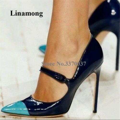 Linamong Big Size Pointed Toe Patchwork Stiletto Heel Pumps Patent Leather Mixed-color Buckle High Heels Formal Dress Heels Shoe