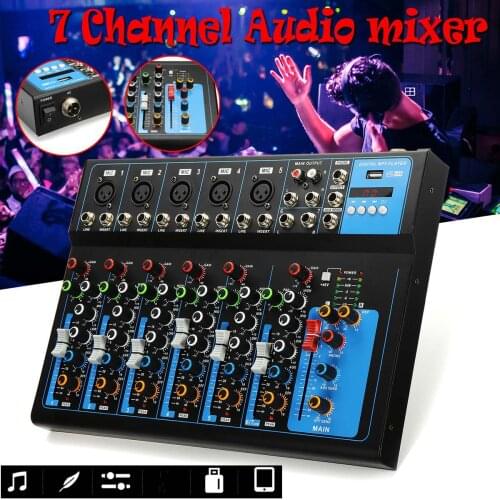 7 Channels Audio Sound Mixer Mixing DJ Console USB with 48V Phantom Power Monitor for Input