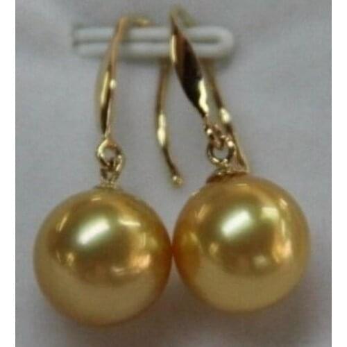 Fashion jewelry Free Shipping GORGEOUS 10-11mm natural round south sea gold pearl earrings 14K