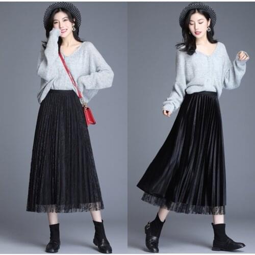 New Women Double-sided Long Skirt Casual High Elastic Waist Pleated Skirt Fashion Female Solid Color Hollow Bottom Lace Skirt
