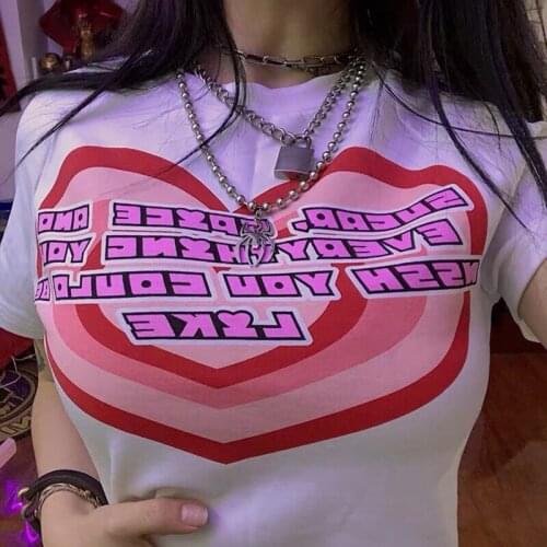 2000s Streetwear Sweet Girls Short Sleeve T-Shirt Harajuku Letter Print Cute Pink Heart Graphic Summer Y2K Vintage Slim Crop Top