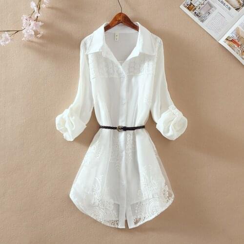 Women Vintage Organza Blouse Lapel Collar Belt Long Sleeve Hit Color Shirt Female 2021 Spring Summer Embroidery Blouse Tops New