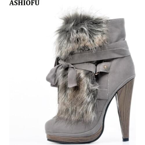 ASHIOFU Handmade Womens High Heel Boots Made-fur Sexy Party Prom Ankle Boots Winter Lace-up Fashion Evening Short Boots Shoes