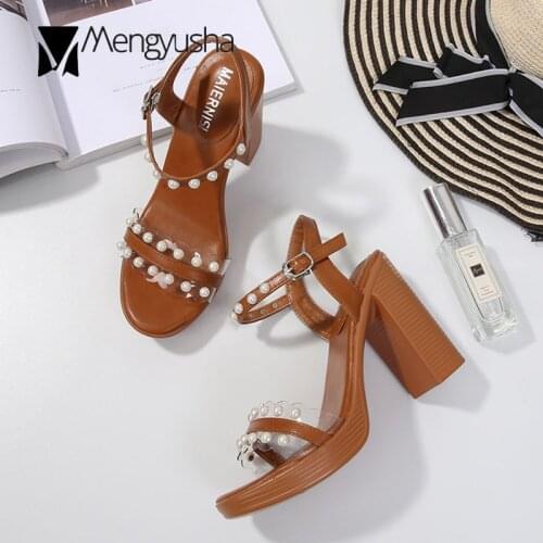 Pearl studs open toe wood grain runways sandals women chunky over high heels gladiator sandalias clear patchwork buckle sandales