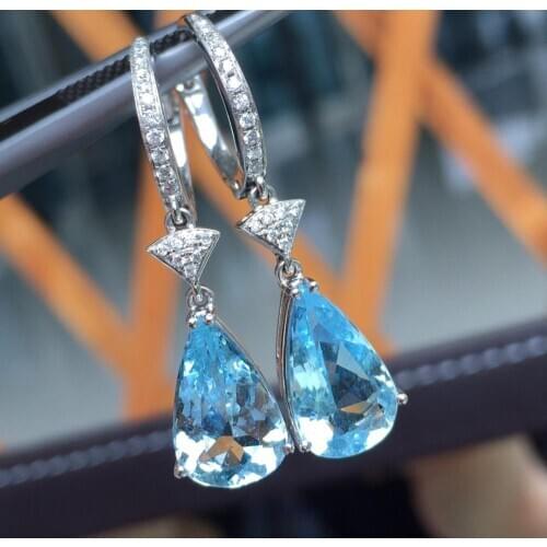 Z609 Fine Jewelry Real Pure 18 K Gold AU750 Blue Aquamarine 4.66ct Gemstones Female Drop Earrings for Women Fine Earrings